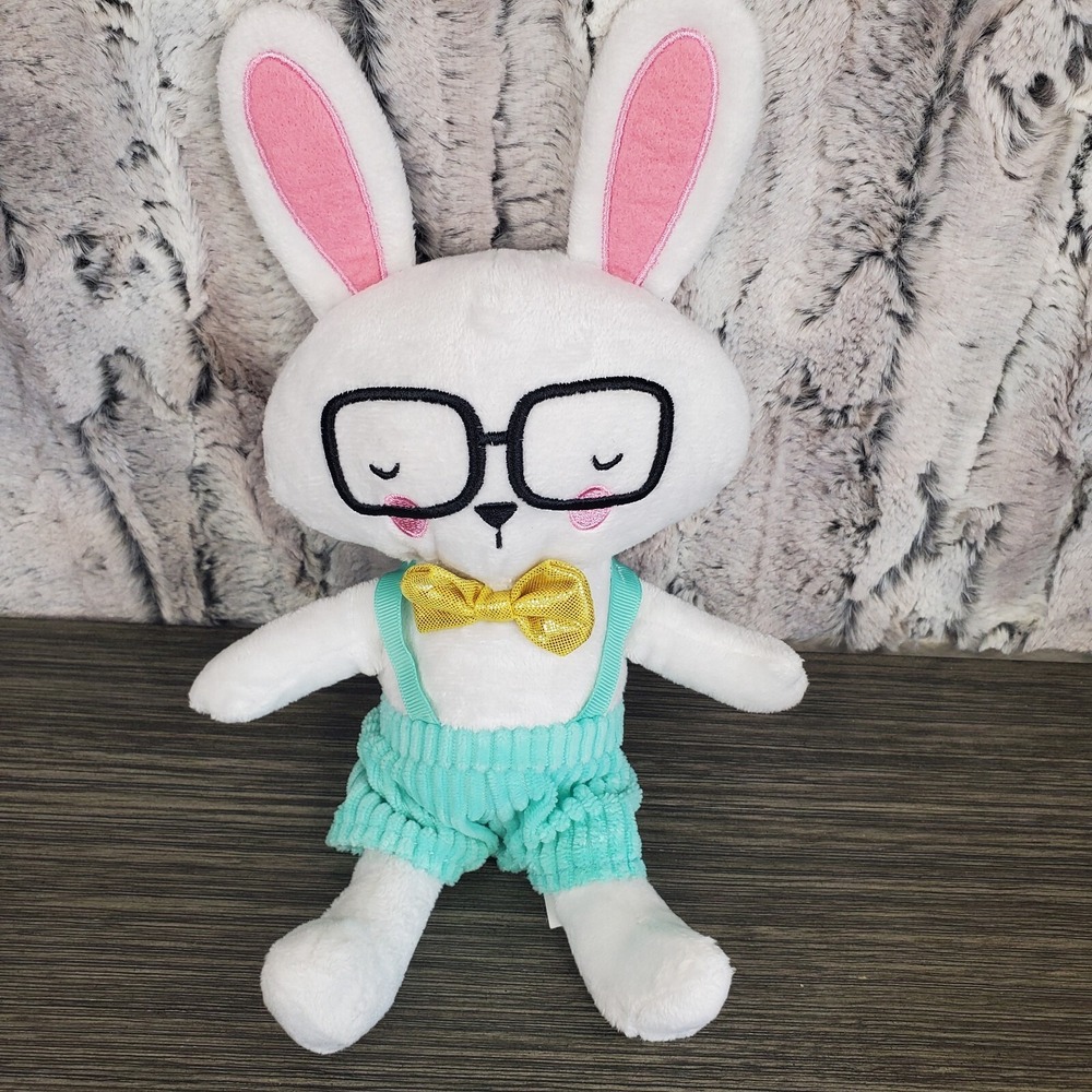 Happy Go Fluffy Walgreens White Bunny Rabbit Plush Glasses Overalls 11" Nerdy